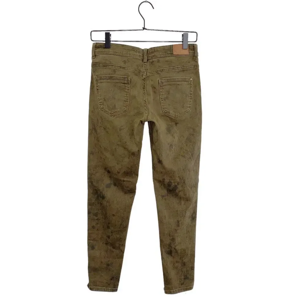 ZARA Basic Z1975 Denim Size 2 Mid Rise Skinny Uneven Hem Olive Jeans Dark Marks